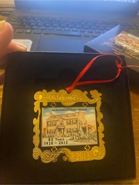 MT Gold Oklahoma Governor's Mansion Holiday Ornament with Red Ribbon